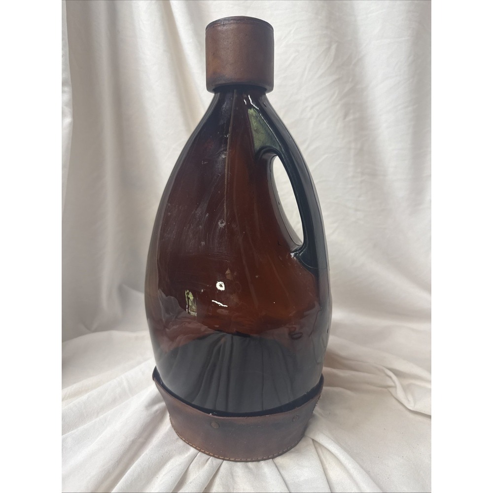 Vintage Bymer England Amber Glass Decanter Carafe Leather Base Danish MCM 13"